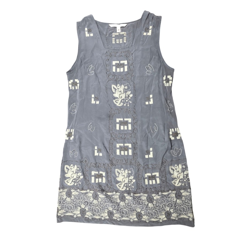 Burning Torch 100% Silk Beaded Embroidered Mini Dress Gray Boho Sleeveless S/M
